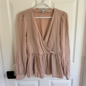 Long sleeve faux wrap neck blouse - light blush (M)